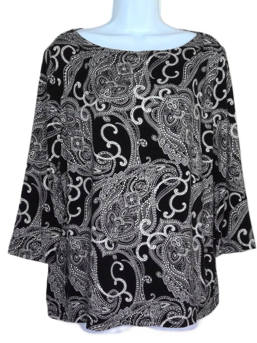 Ann Taylor Factory Top Black & White Paisley Stretch 3/4 Sleeve Cottagecore XL